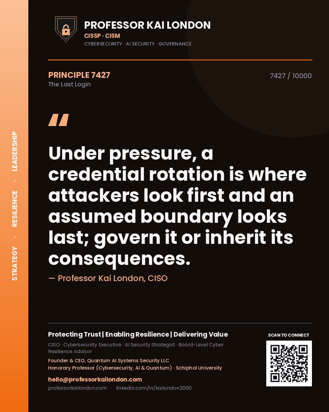 Professor Kai London principle 7427: Under pressure, a credential rotation is where attackers look first and an assumed boundary looks last; govern it or inherit its consequences.