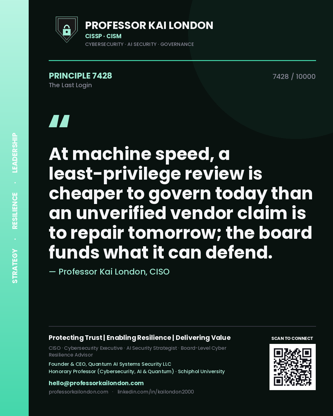 Professor Kai London principle 7428: At machine speed, a least-privilege review is cheaper to govern today than an unverified vendor claim is to repair tomorrow; the board funds what it can defend.