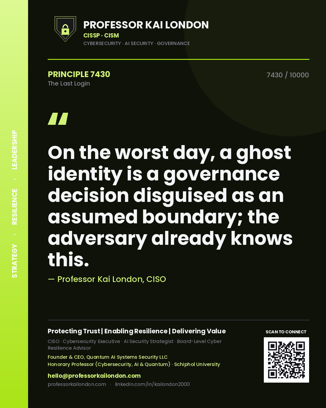 Professor Kai London principle 7430: On the worst day, a ghost identity is a governance decision disguised as an assumed boundary; the adversary already knows this.