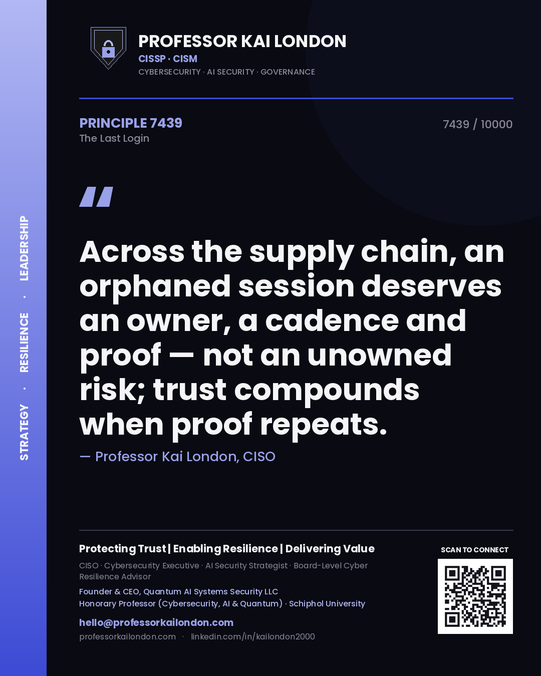 Quote card by Professor Kai London reading 'Across the supply chain, an orphaned session deserves an owner, a cadence and proof — not an unowned risk; trust compounds when proof repeats.'. From the book The Last Login.