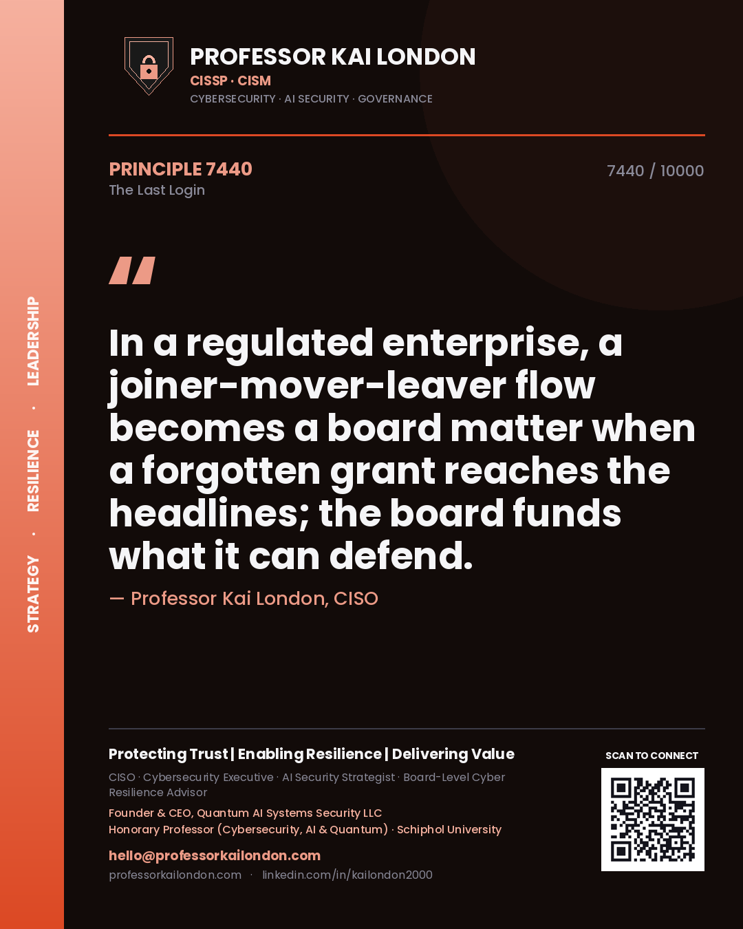 Quote card by Professor Kai London reading 'In a regulated enterprise, a joiner-mover-leaver flow becomes a board matter when a forgotten grant reaches the headlines; the board funds what it can defend.'. From the book The Last Login.