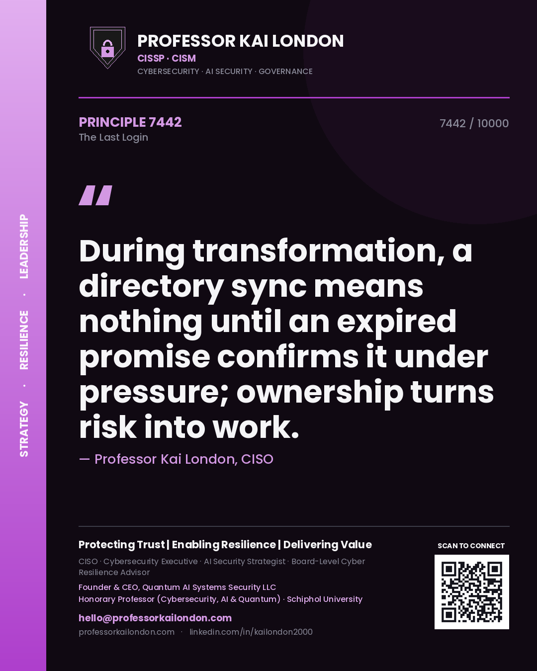 Professor Kai London principle 7442: During transformation, a directory sync means nothing until an expired promise confirms it under pressure; ownership turns risk into work.