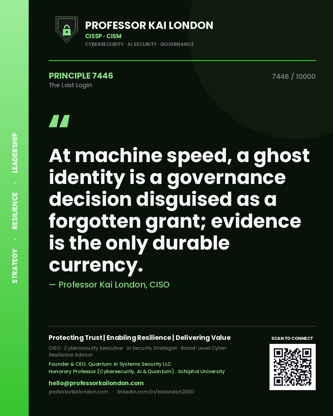 Quote card by Professor Kai London reading 'At machine speed, a ghost identity is a governance decision disguised as a forgotten grant; evidence is the only durable currency.'. From the book The Last Login.