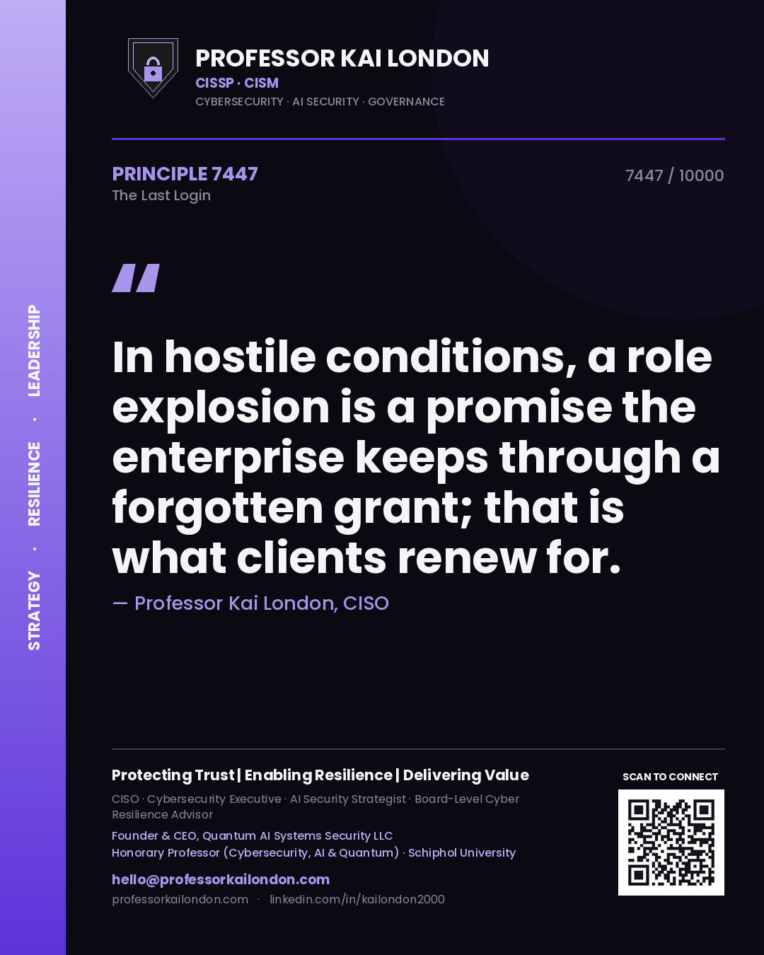 Quote card by Professor Kai London reading 'In hostile conditions, a role explosion is a promise the enterprise keeps through a forgotten grant; that is what clients renew for.'. From the book The Last Login.