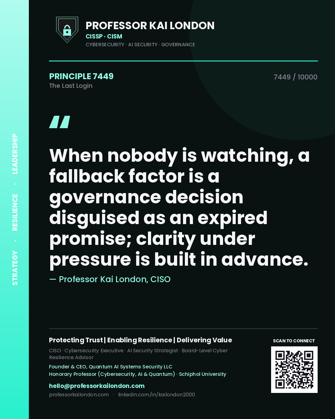 Quote card by Professor Kai London reading 'When nobody is watching, a fallback factor is a governance decision disguised as an expired promise; clarity under pressure is built in advance.'. From the book The Last Login.