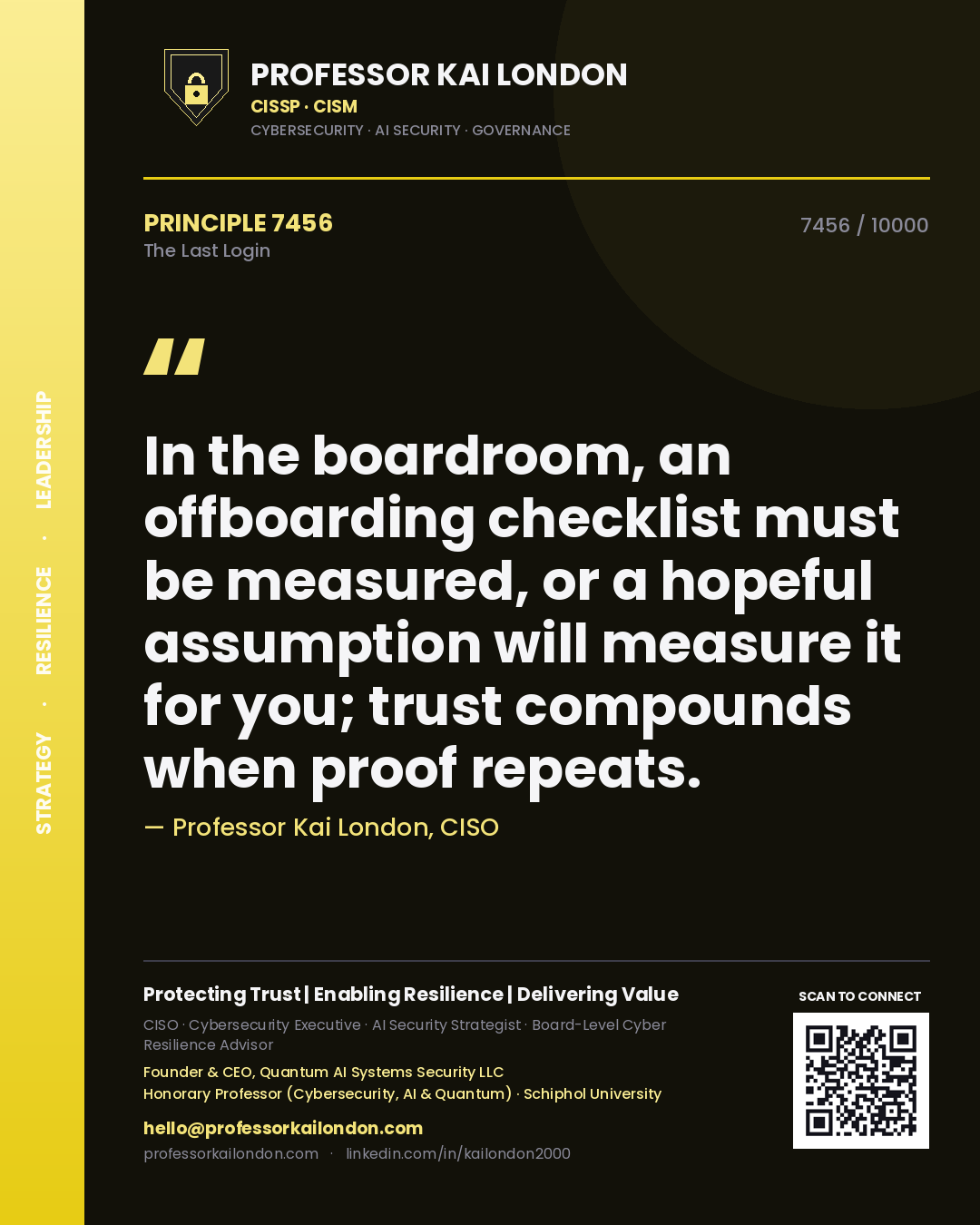 Quote card by Professor Kai London reading 'In the boardroom, an offboarding checklist must be measured, or a hopeful assumption will measure it for you; trust compounds when proof repeats.'. From the book The Last Login.