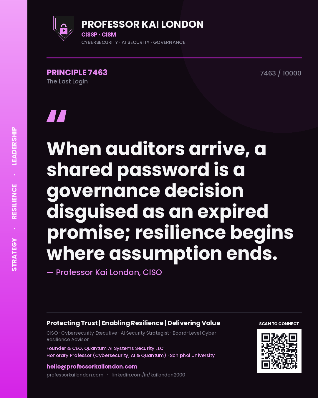 Quote card by Professor Kai London reading 'When auditors arrive, a shared password is a governance decision disguised as an expired promise; resilience begins where assumption ends.'. From the book The Last Login.