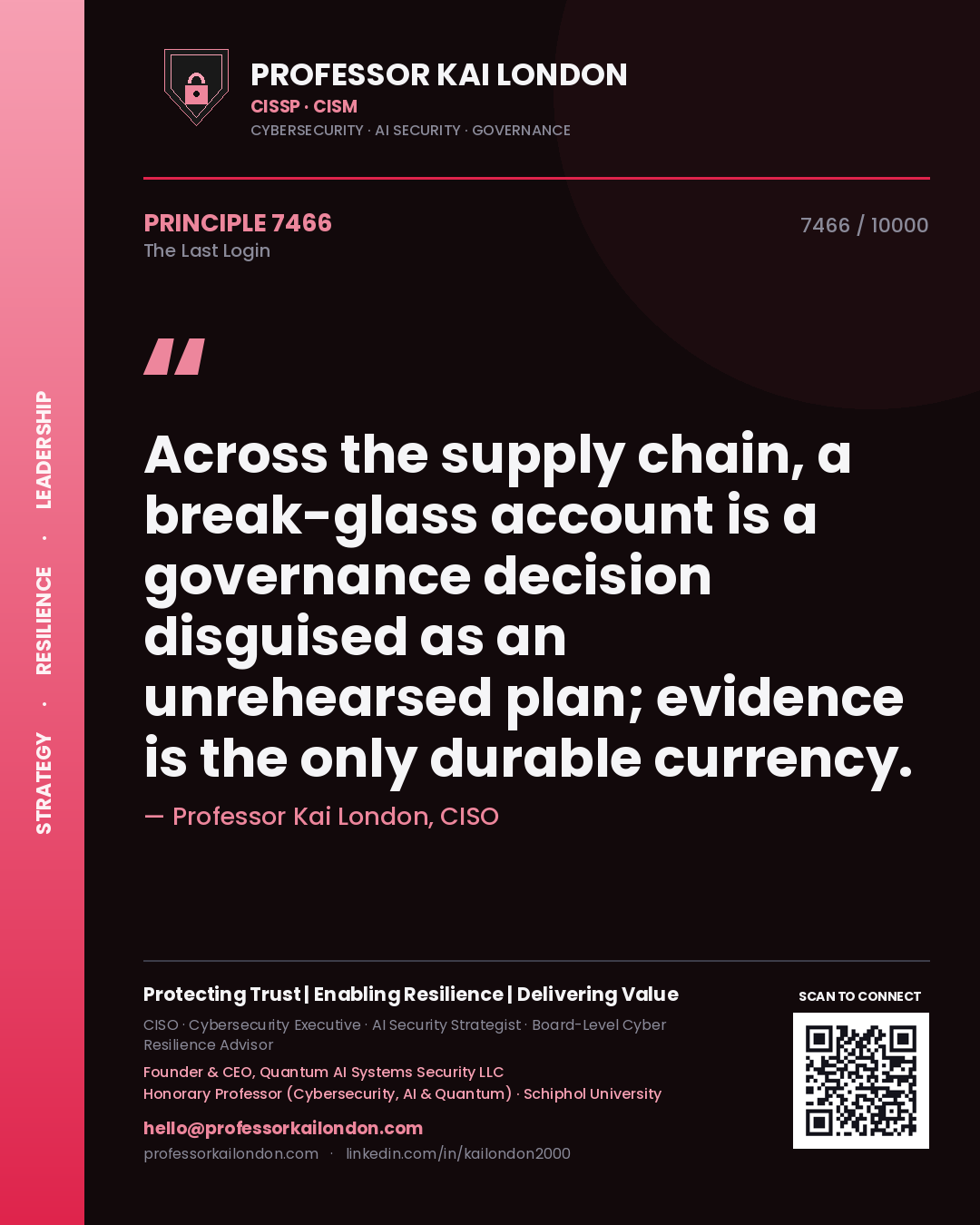 Professor Kai London principle 7466: Across the supply chain, a break-glass account is a governance decision disguised as an unrehearsed plan; evidence is the only durable currency.