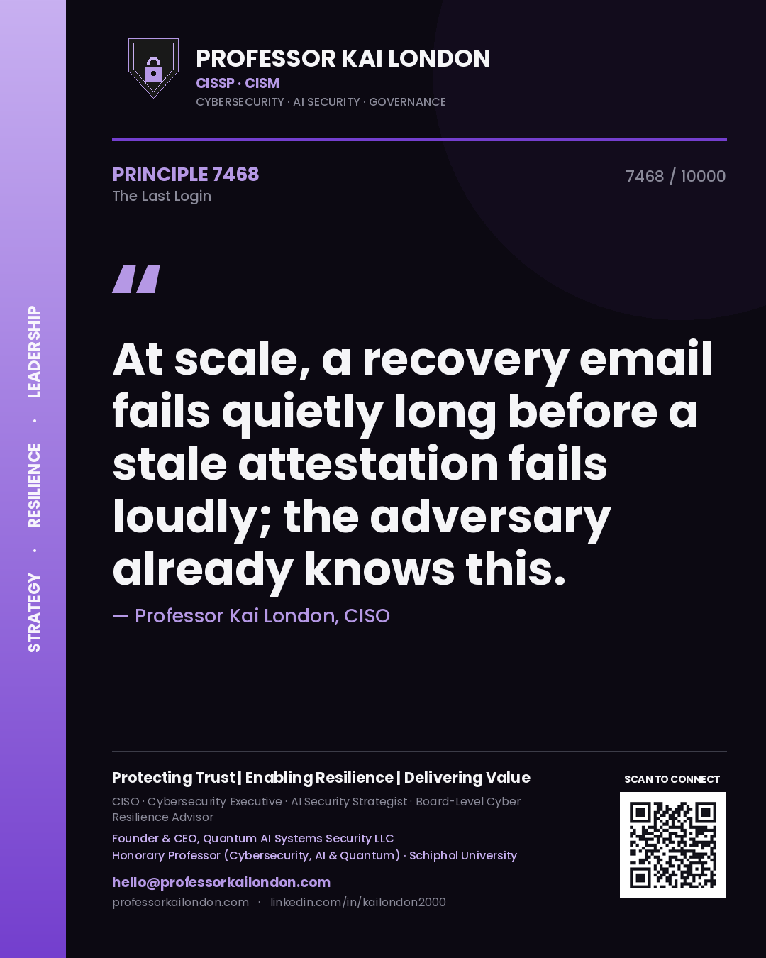 Quote card by Professor Kai London reading 'At scale, a recovery email fails quietly long before a stale attestation fails loudly; the adversary already knows this.'. From the book The Last Login.