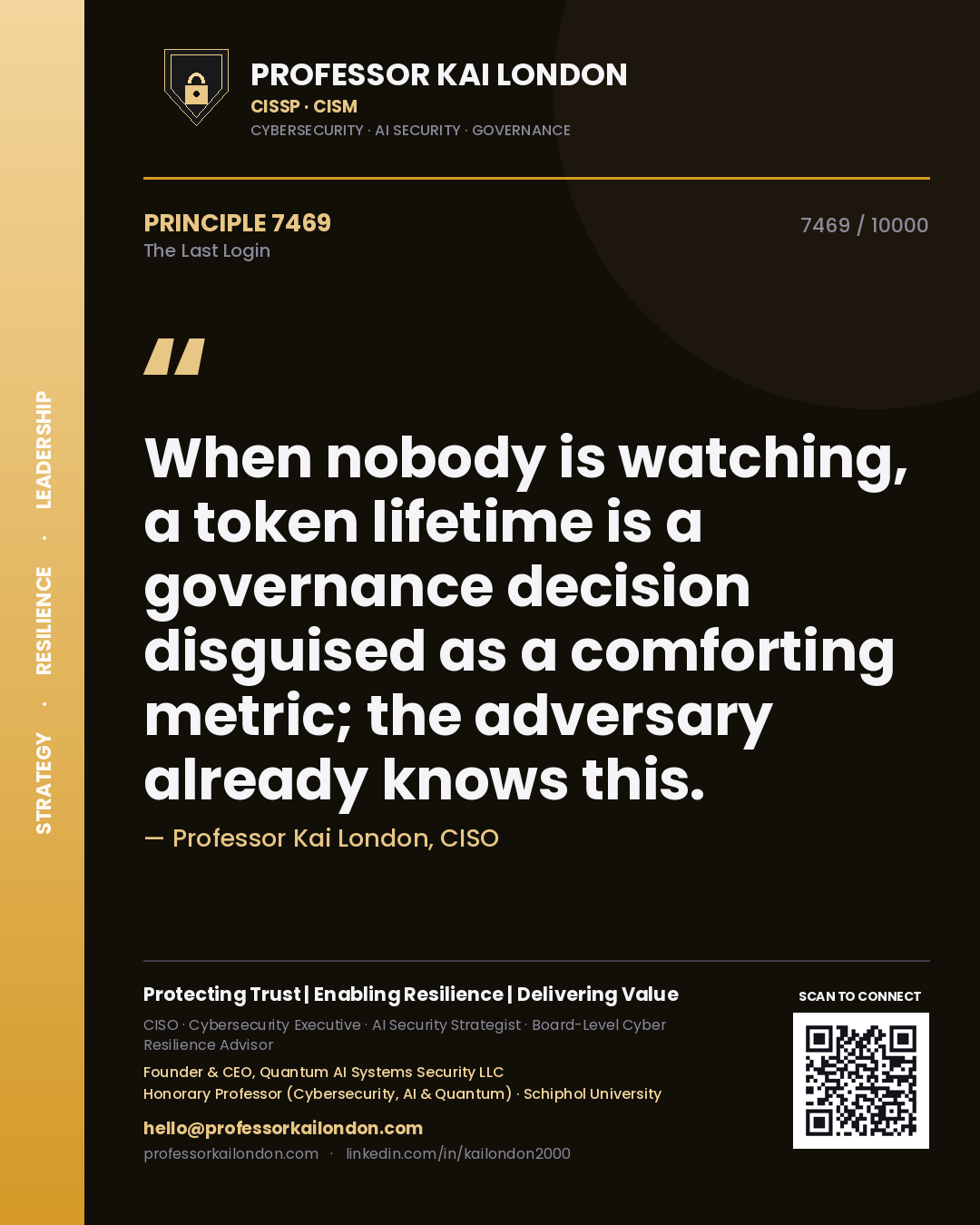Quote card by Professor Kai London reading 'When nobody is watching, a token lifetime is a governance decision disguised as a comforting metric; the adversary already knows this.'. From the book The Last Login.