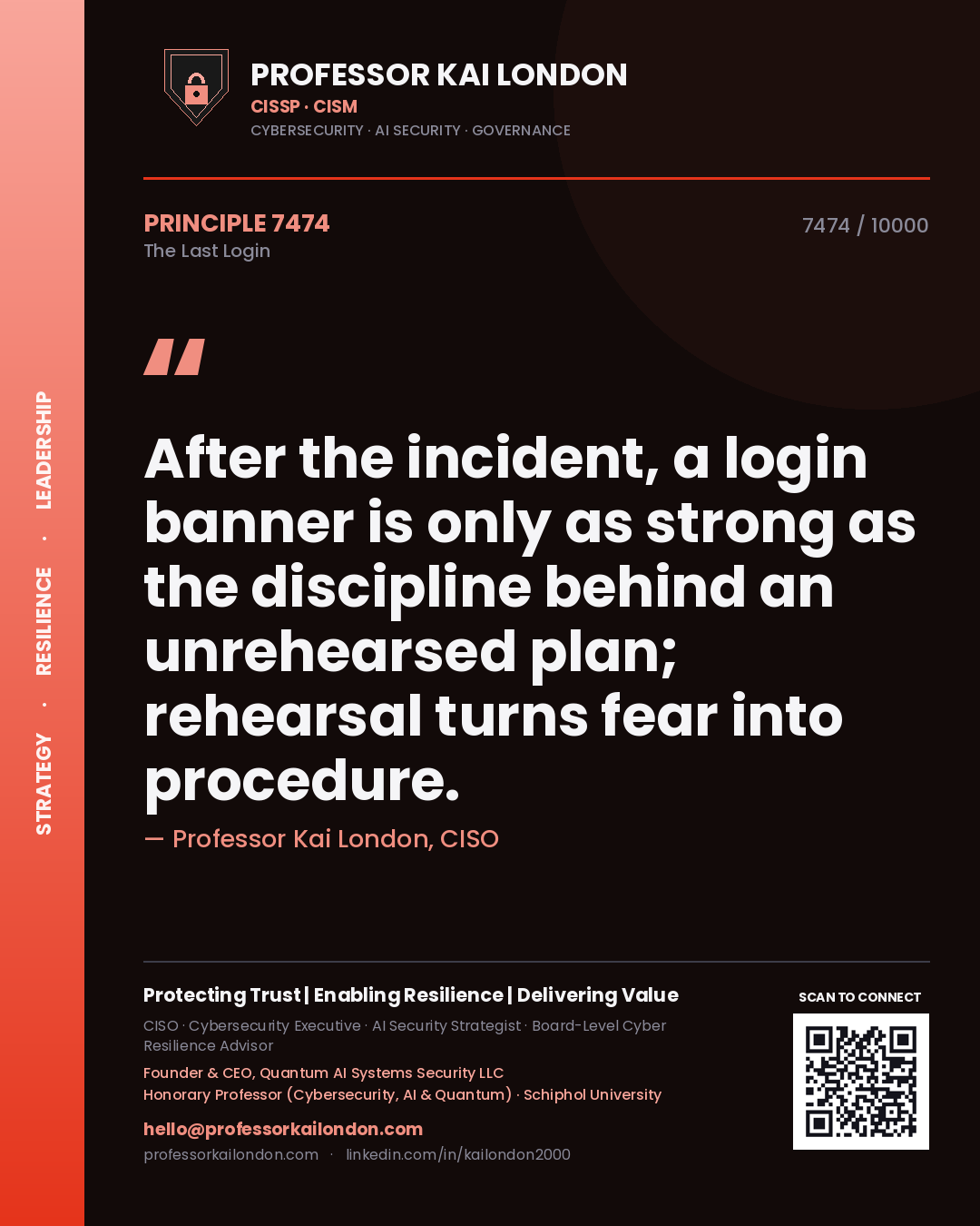 Professor Kai London principle 7474: After the incident, a login banner is only as strong as the discipline behind an unrehearsed plan; rehearsal turns fear into procedure.