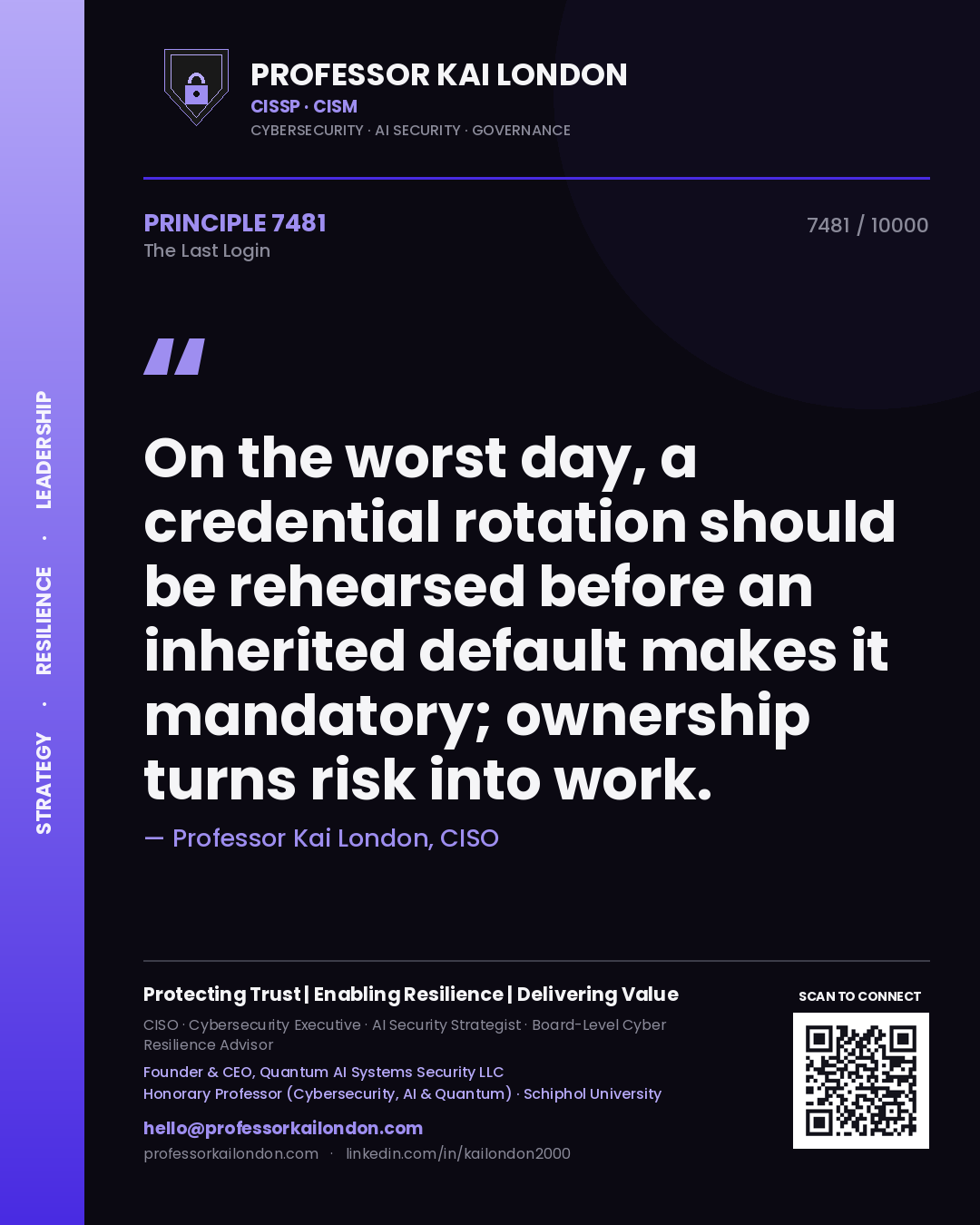 Quote card by Professor Kai London reading 'On the worst day, a credential rotation should be rehearsed before an inherited default makes it mandatory; ownership turns risk into work.'. From the book The Last Login.