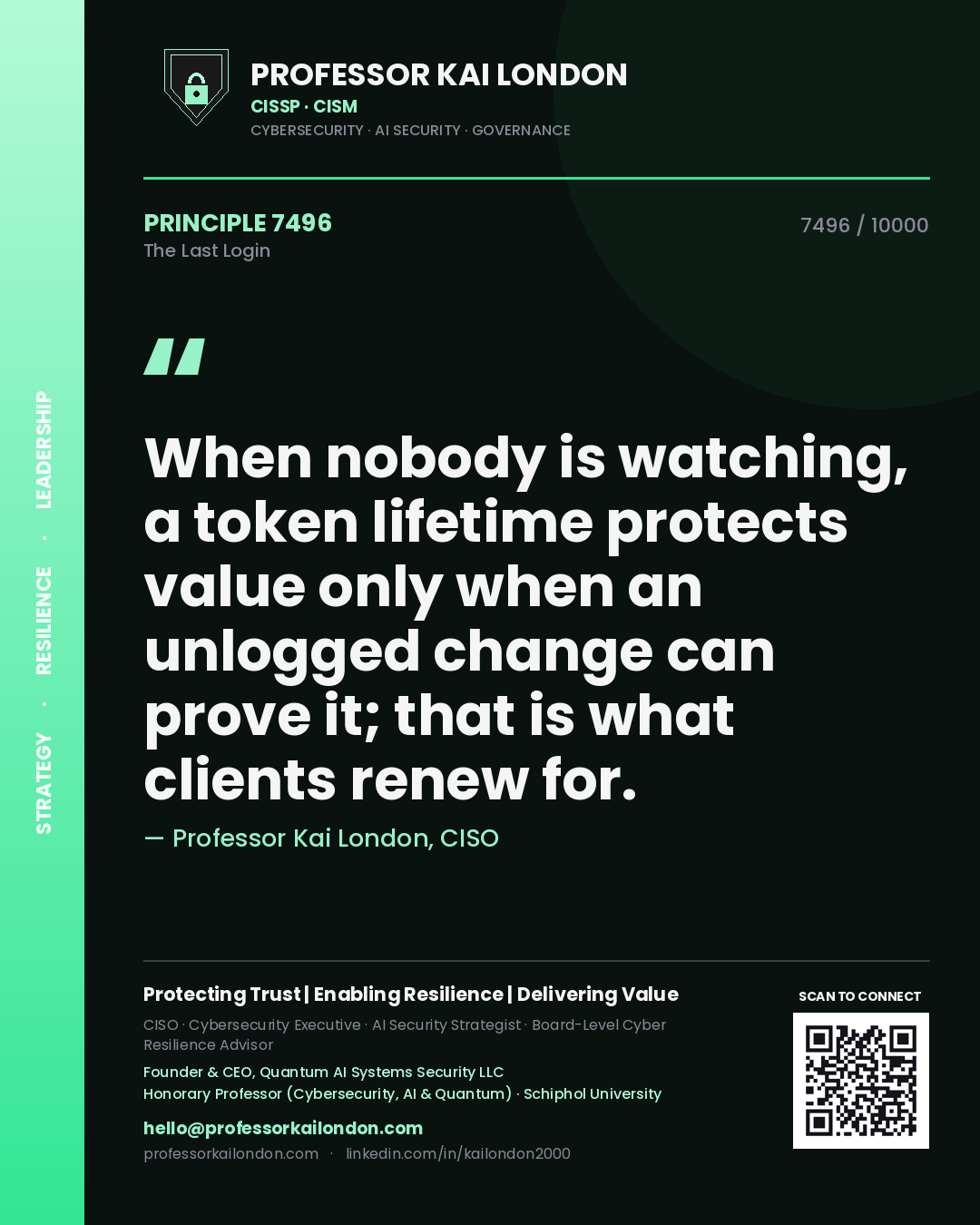 Professor Kai London principle 7496: When nobody is watching, a token lifetime protects value only when an unlogged change can prove it; that is what clients renew for.