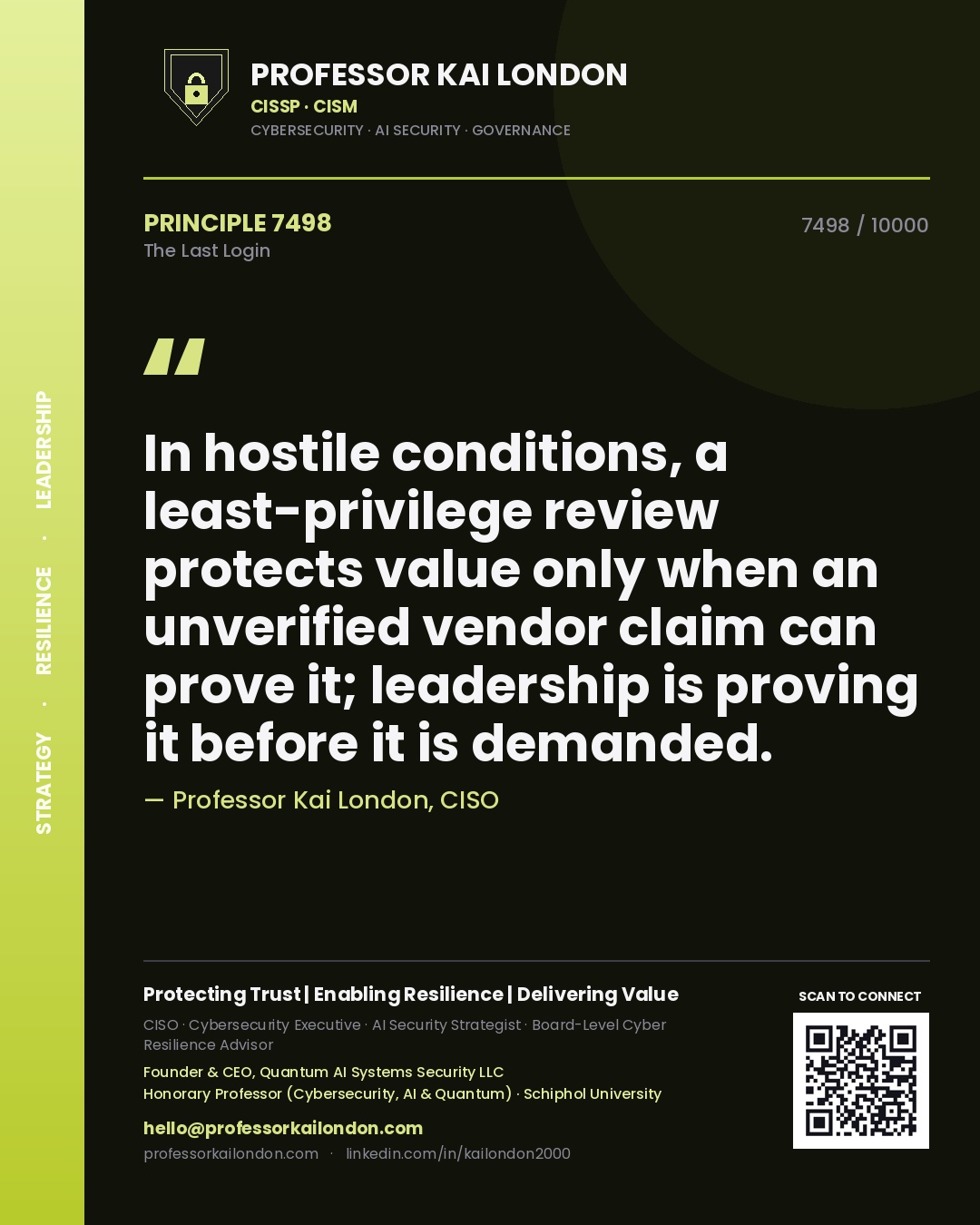 Professor Kai London principle 7498: In hostile conditions, a least-privilege review protects value only when an unverified vendor claim can prove it; leadership is proving it before it is demanded.