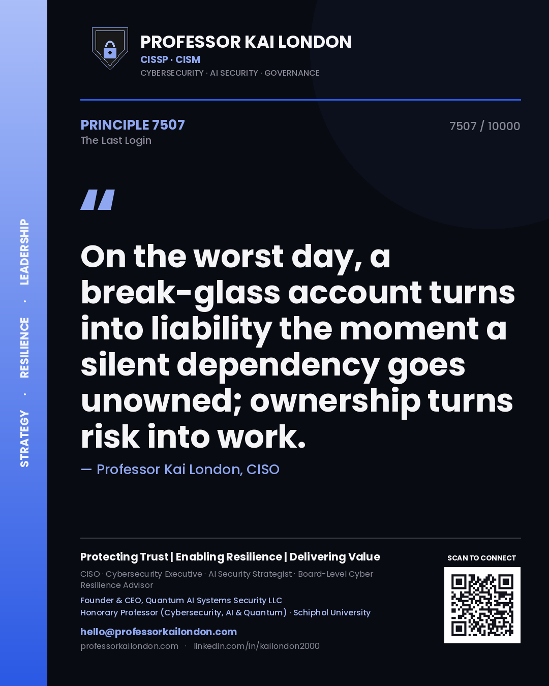Professor Kai London principle 7507: On the worst day, a break-glass account turns into liability the moment a silent dependency goes unowned; ownership turns risk into work.
