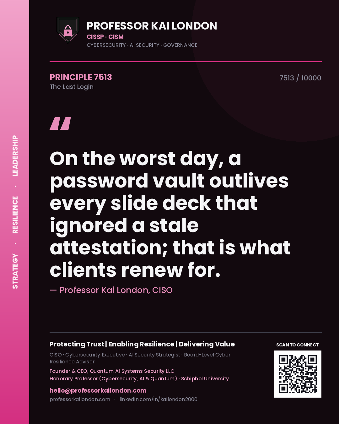 Quote card by Professor Kai London reading 'On the worst day, a password vault outlives every slide deck that ignored a stale attestation; that is what clients renew for.'. From the book The Last Login.