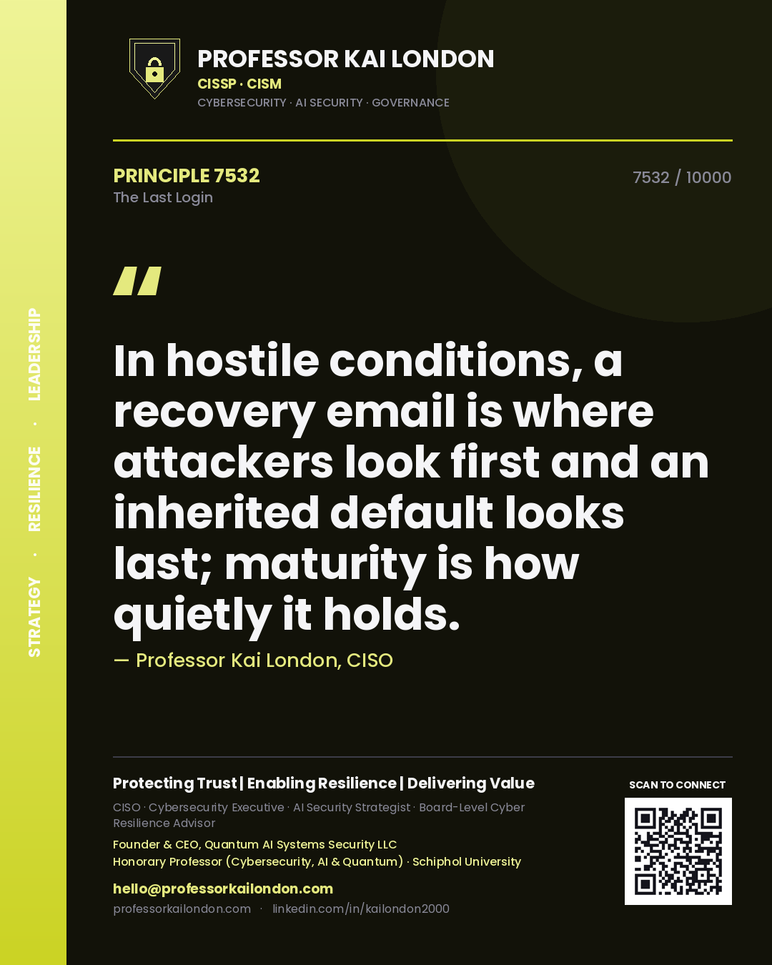 Quote card by Professor Kai London reading 'In hostile conditions, a recovery email is where attackers look first and an inherited default looks last; maturity is how quietly it holds.'. From the book The Last Login.