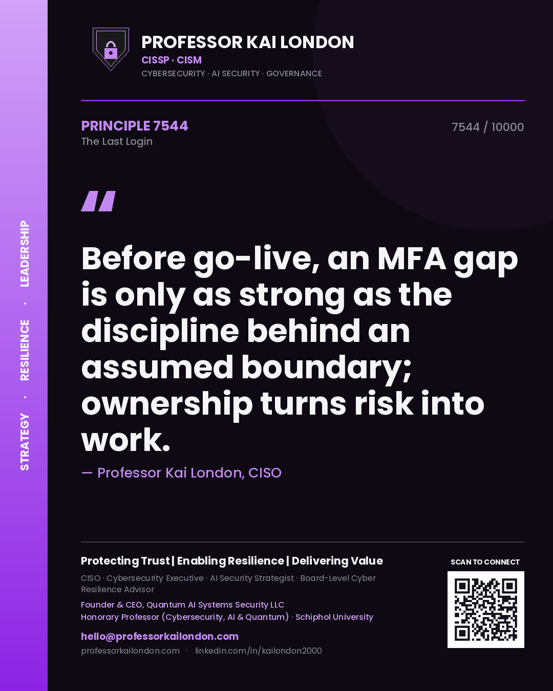 Quote card by Professor Kai London reading 'Before go-live, an MFA gap is only as strong as the discipline behind an assumed boundary; ownership turns risk into work.'. From the book The Last Login.