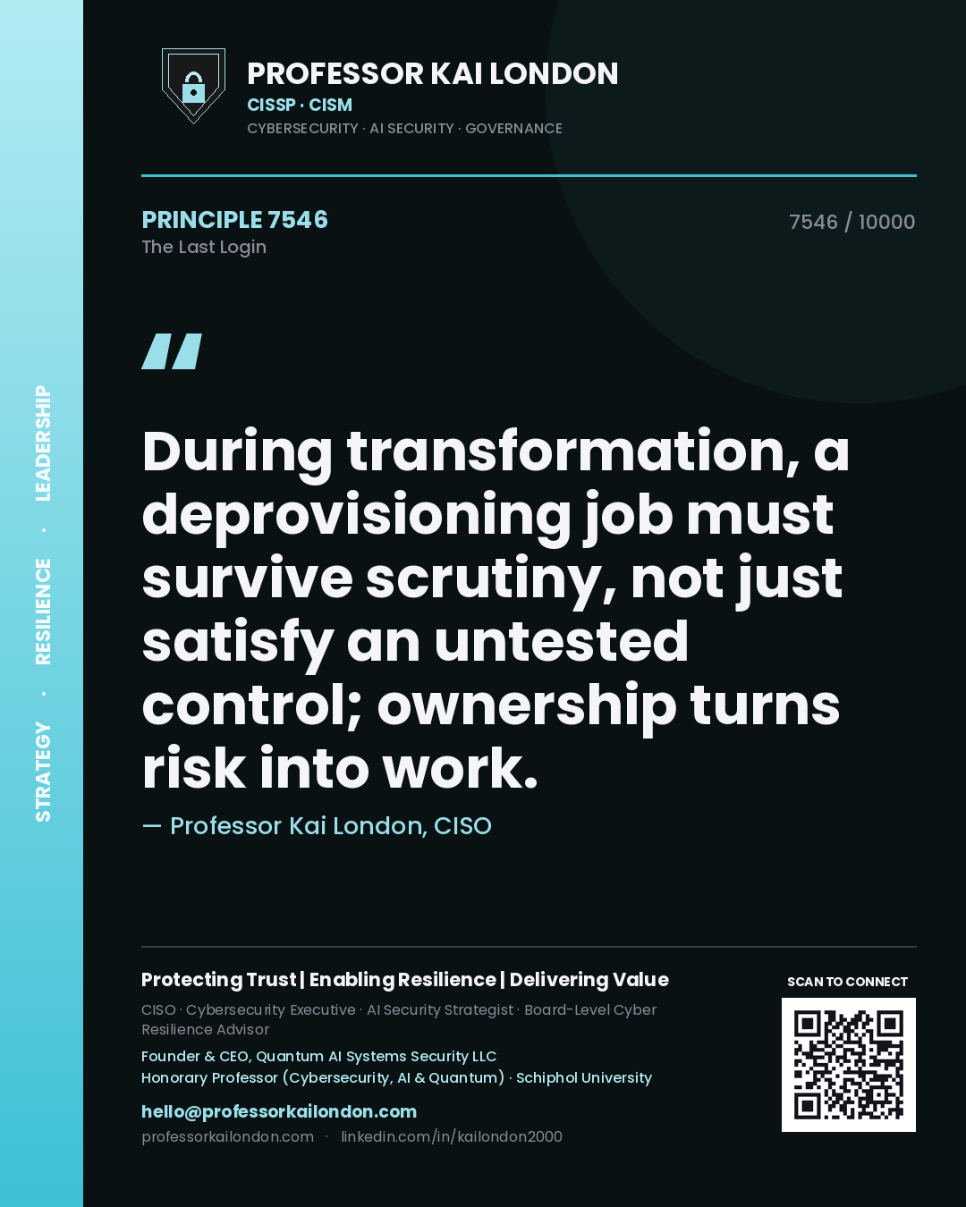 Professor Kai London principle 7546: During transformation, a deprovisioning job must survive scrutiny, not just satisfy an untested control; ownership turns risk into work.