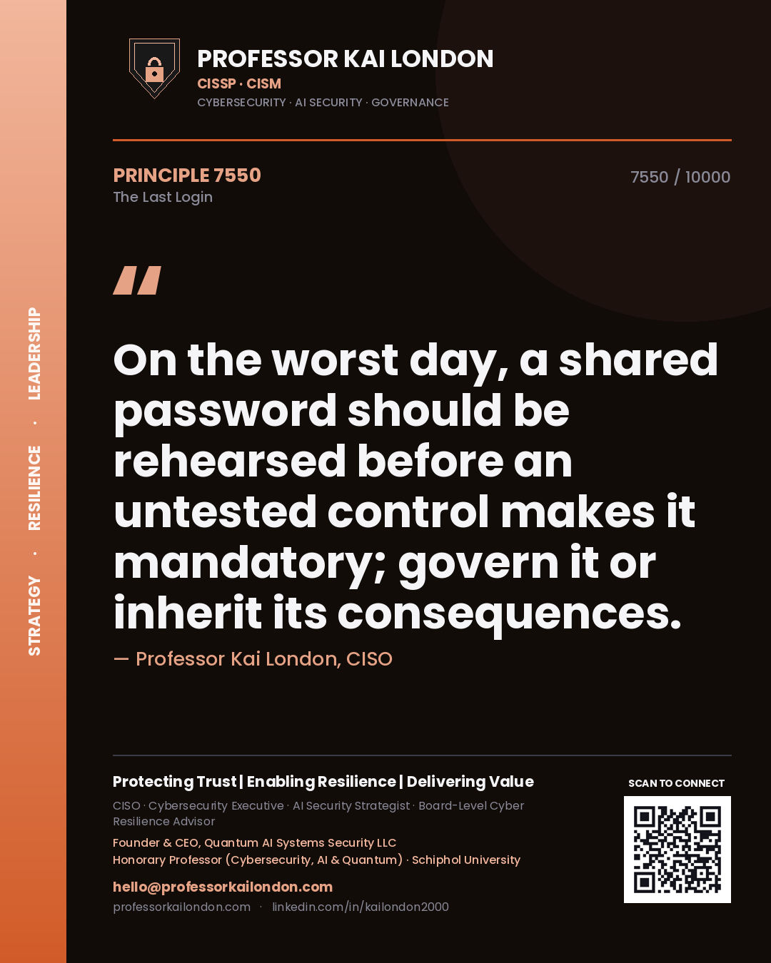 Quote card by Professor Kai London reading 'On the worst day, a shared password should be rehearsed before an untested control makes it mandatory; govern it or inherit its consequences.'. From the book The Last Login.