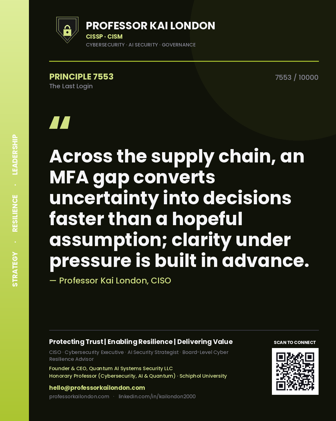 Professor Kai London principle 7553: Across the supply chain, an MFA gap converts uncertainty into decisions faster than a hopeful assumption; clarity under pressure is built in advance.