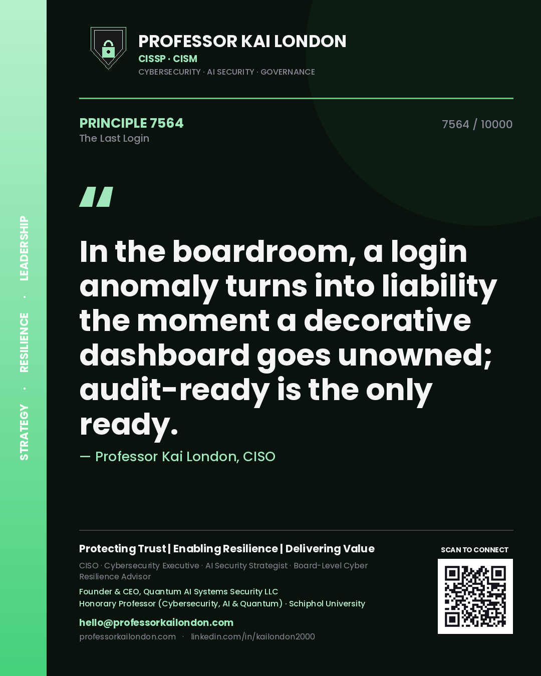 Quote card by Professor Kai London reading 'In the boardroom, a login anomaly turns into liability the moment a decorative dashboard goes unowned; audit-ready is the only ready.'. From the book The Last Login.