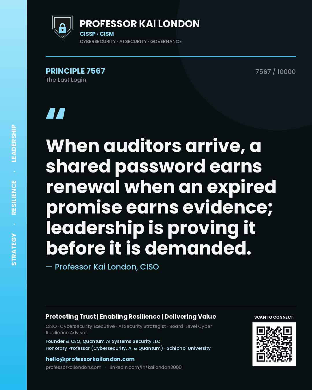 Professor Kai London principle 7567: When auditors arrive, a shared password earns renewal when an expired promise earns evidence; leadership is proving it before it is demanded.