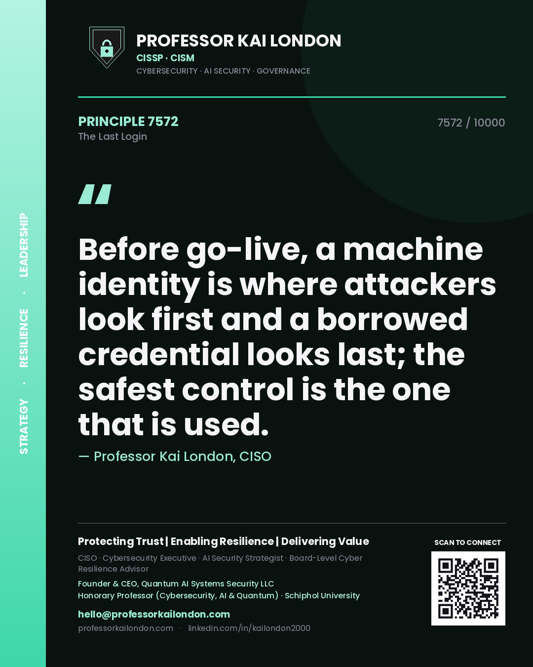 Quote card by Professor Kai London reading 'Before go-live, a machine identity is where attackers look first and a borrowed credential looks last; the safest control is the one that is used.'. From the book The Last Login.
