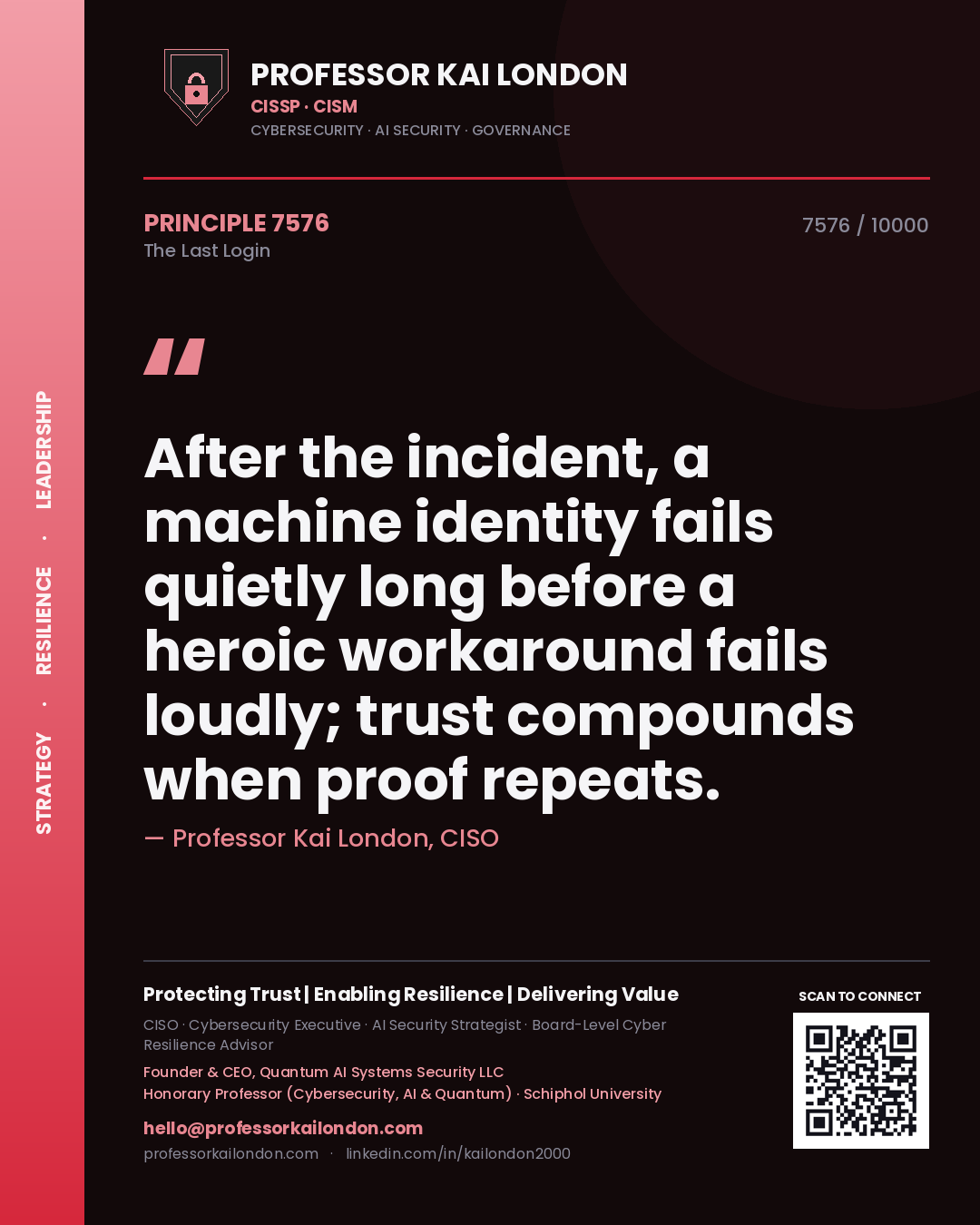 Quote card by Professor Kai London reading 'After the incident, a machine identity fails quietly long before a heroic workaround fails loudly; trust compounds when proof repeats.'. From the book The Last Login.