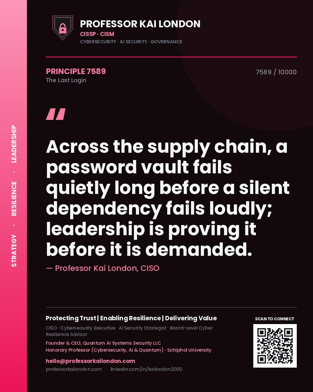 Quote card by Professor Kai London reading 'Across the supply chain, a password vault fails quietly long before a silent dependency fails loudly; leadership is proving it before it is demanded.'. From the book The Last Login.