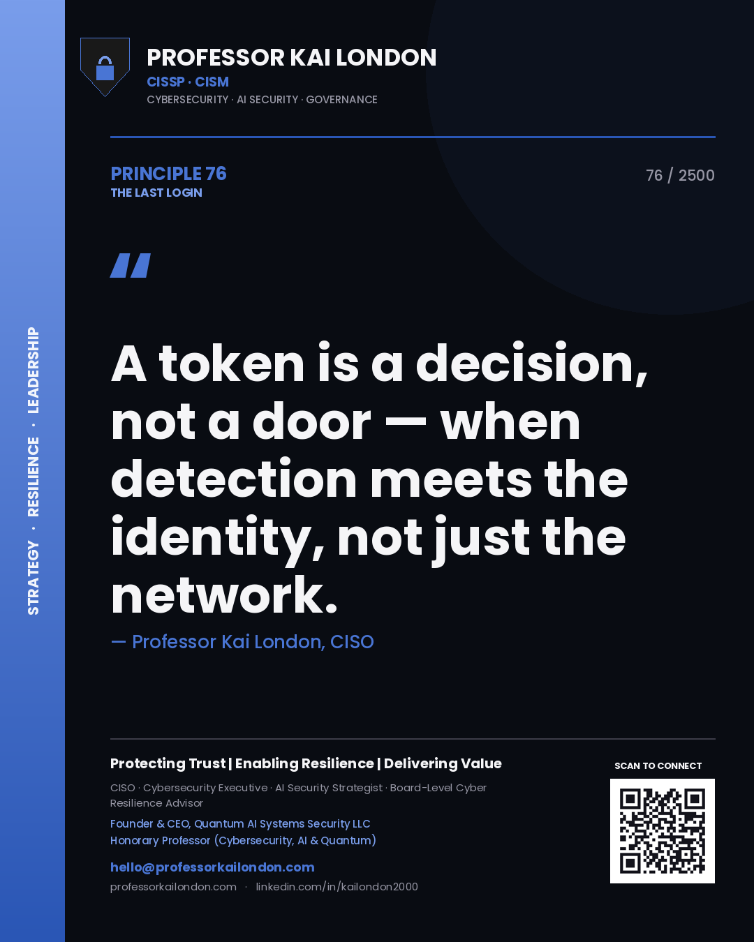 Quote card by Professor Kai London reading 'A token is a decision, not a door — when detection meets the identity, not just the network.'. From the book The Last Login.