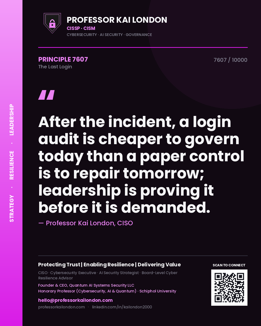 Professor Kai London principle 7607: After the incident, a login audit is cheaper to govern today than a paper control is to repair tomorrow; leadership is proving it before it is demanded.