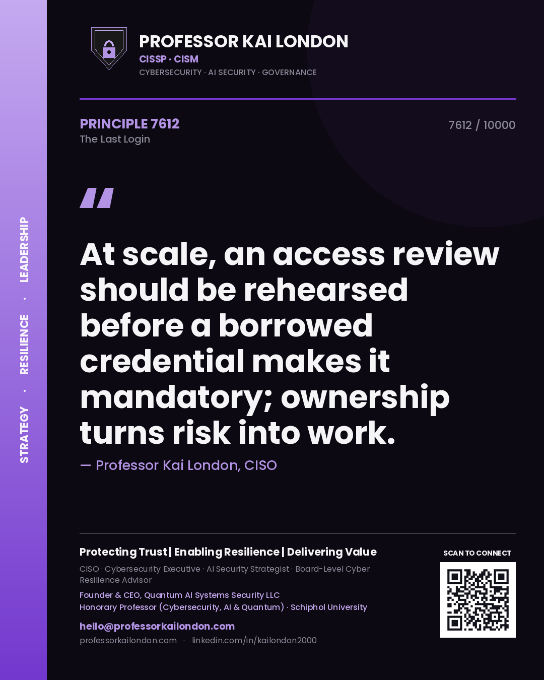 Professor Kai London principle 7612: At scale, an access review should be rehearsed before a borrowed credential makes it mandatory; ownership turns risk into work.