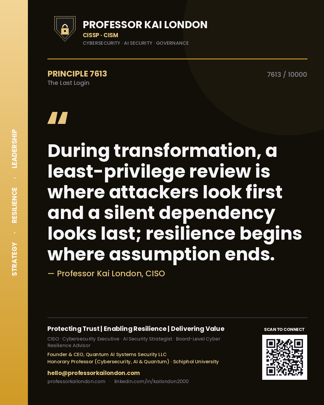 Quote card by Professor Kai London reading 'During transformation, a least-privilege review is where attackers look first and a silent dependency looks last; resilience begins where assumption ends.'. From the book The Last Login.