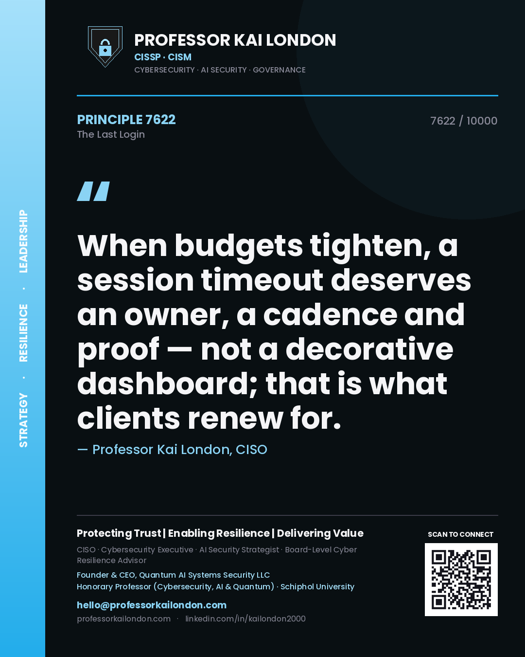 Professor Kai London principle 7622: When budgets tighten, a session timeout deserves an owner, a cadence and proof — not a decorative dashboard; that is what clients renew for.