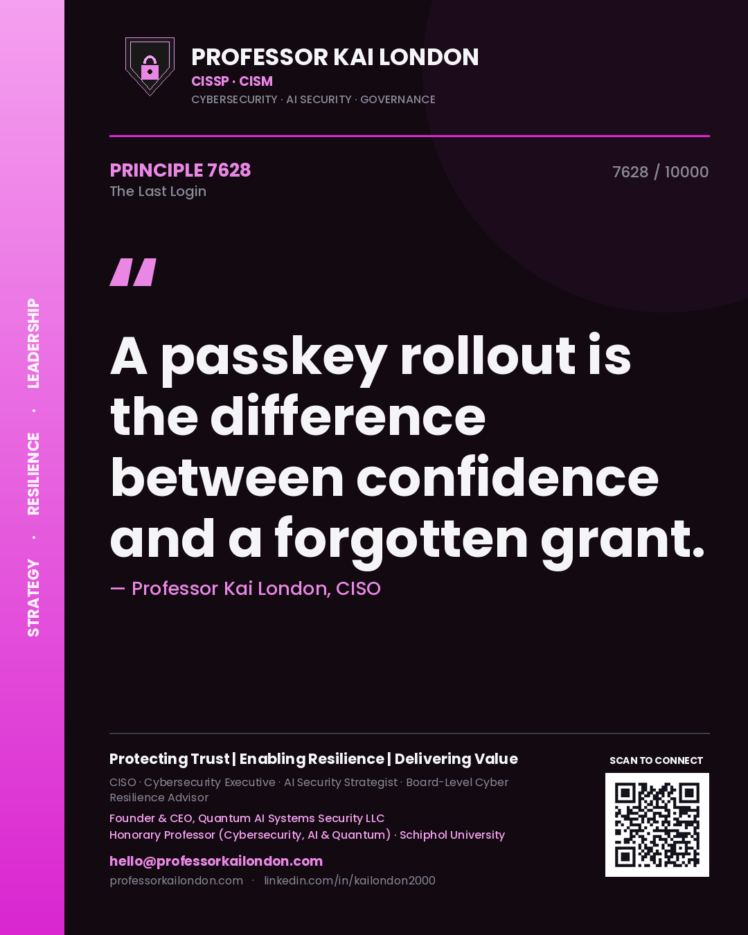 Professor Kai London principle 7628: A passkey rollout is the difference between confidence and a forgotten grant.