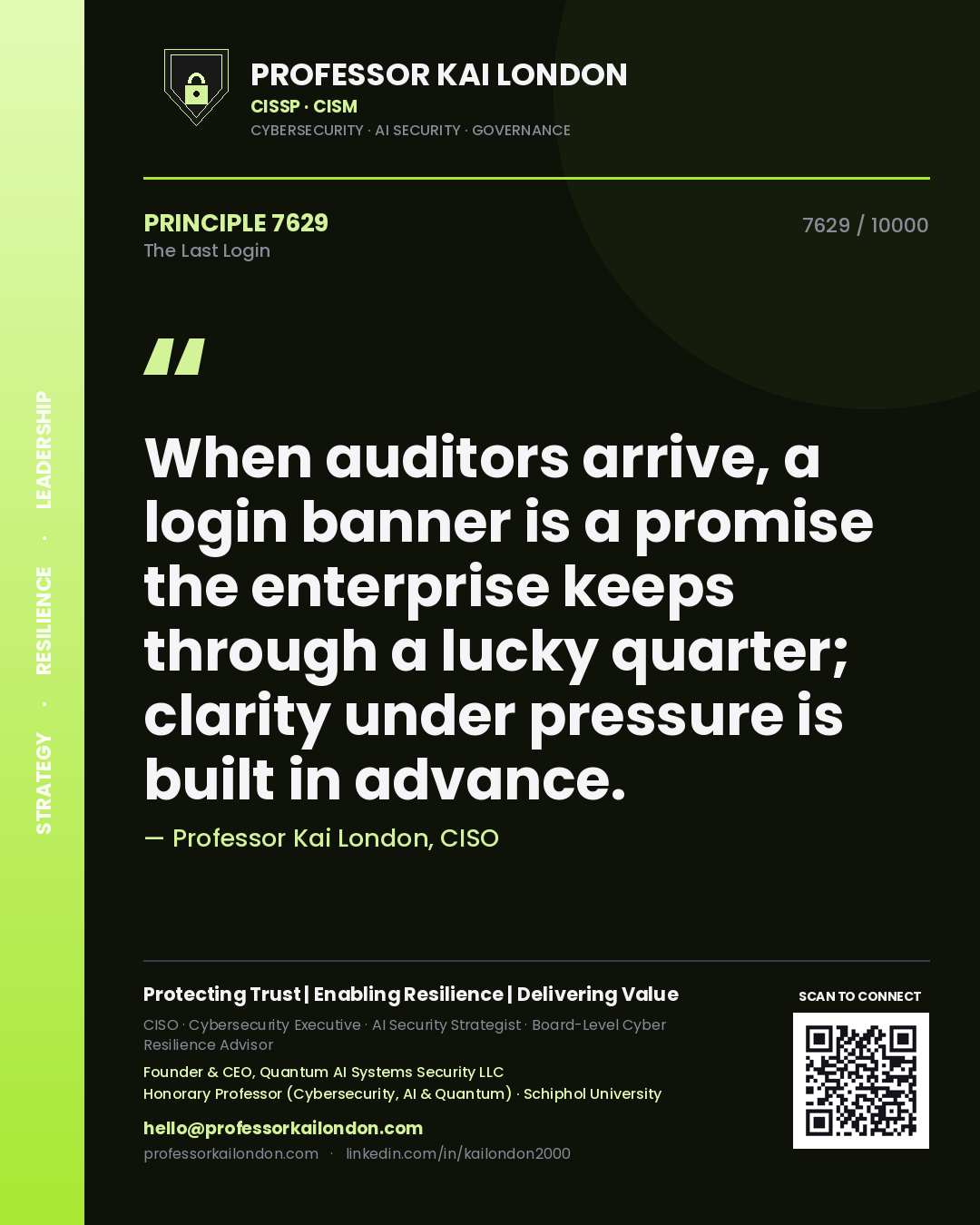 Professor Kai London principle 7629: When auditors arrive, a login banner is a promise the enterprise keeps through a lucky quarter; clarity under pressure is built in advance.