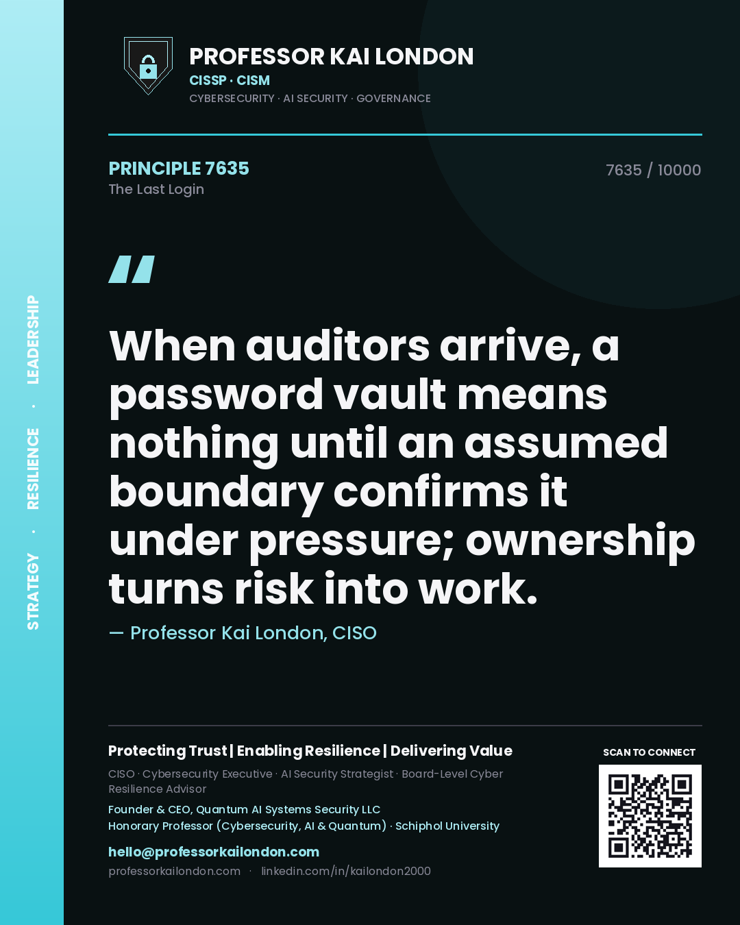 Professor Kai London principle 7635: When auditors arrive, a password vault means nothing until an assumed boundary confirms it under pressure; ownership turns risk into work.
