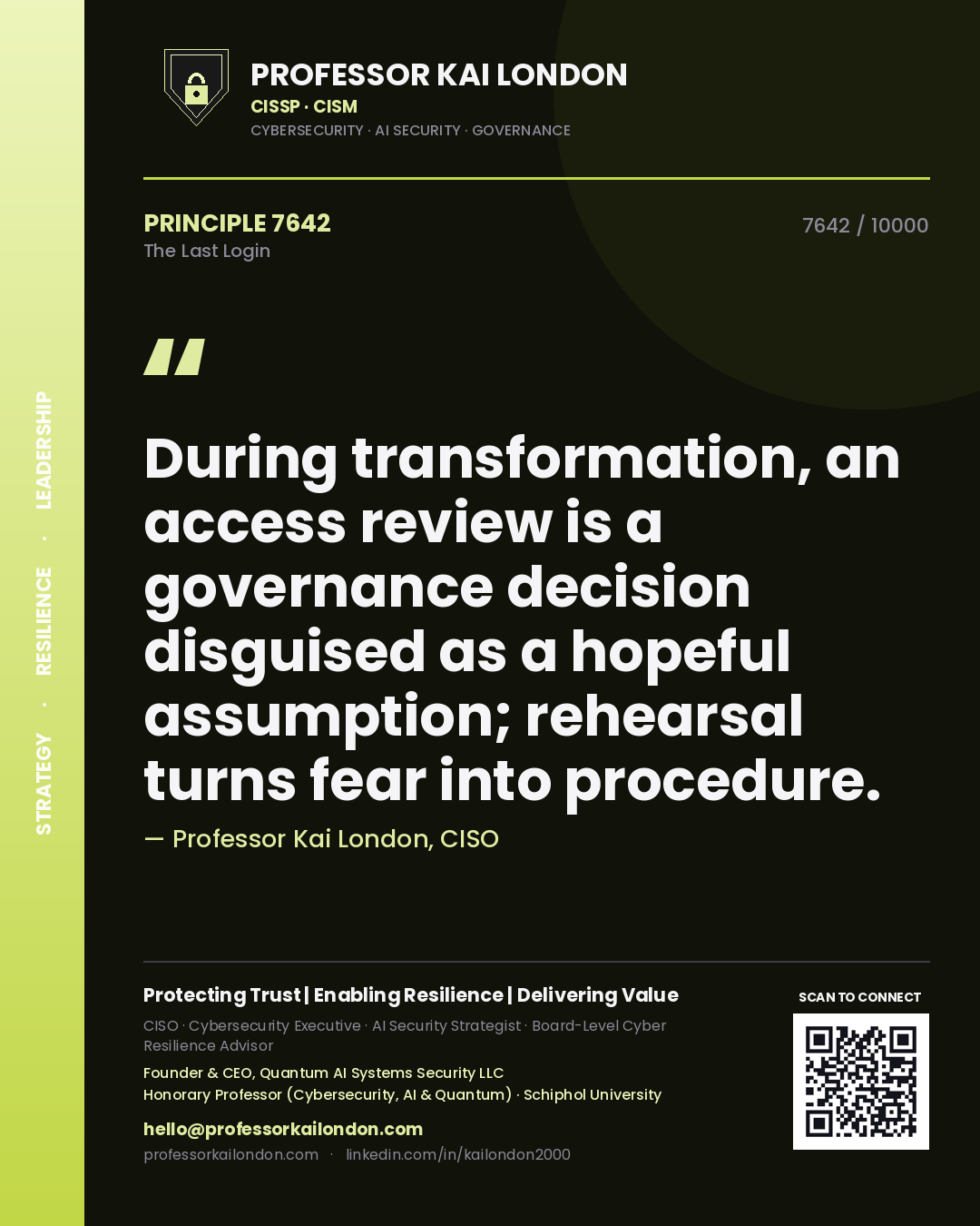 Professor Kai London principle 7642: During transformation, an access review is a governance decision disguised as a hopeful assumption; rehearsal turns fear into procedure.
