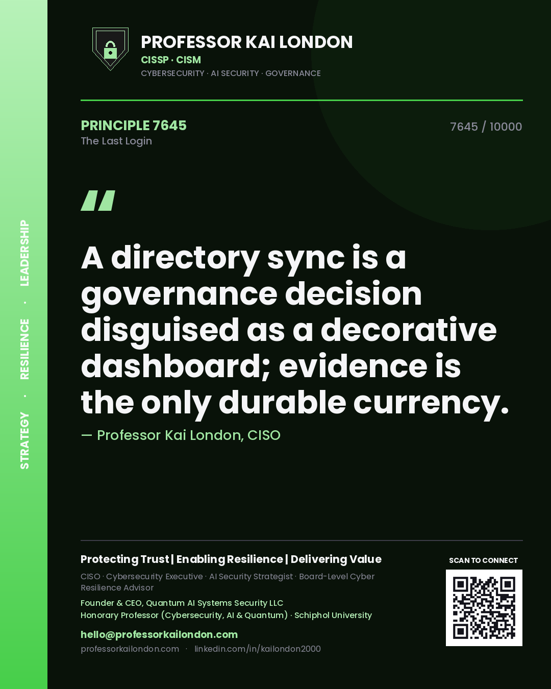 Quote card by Professor Kai London reading 'A directory sync is a governance decision disguised as a decorative dashboard; evidence is the only durable currency.'. From the book The Last Login.