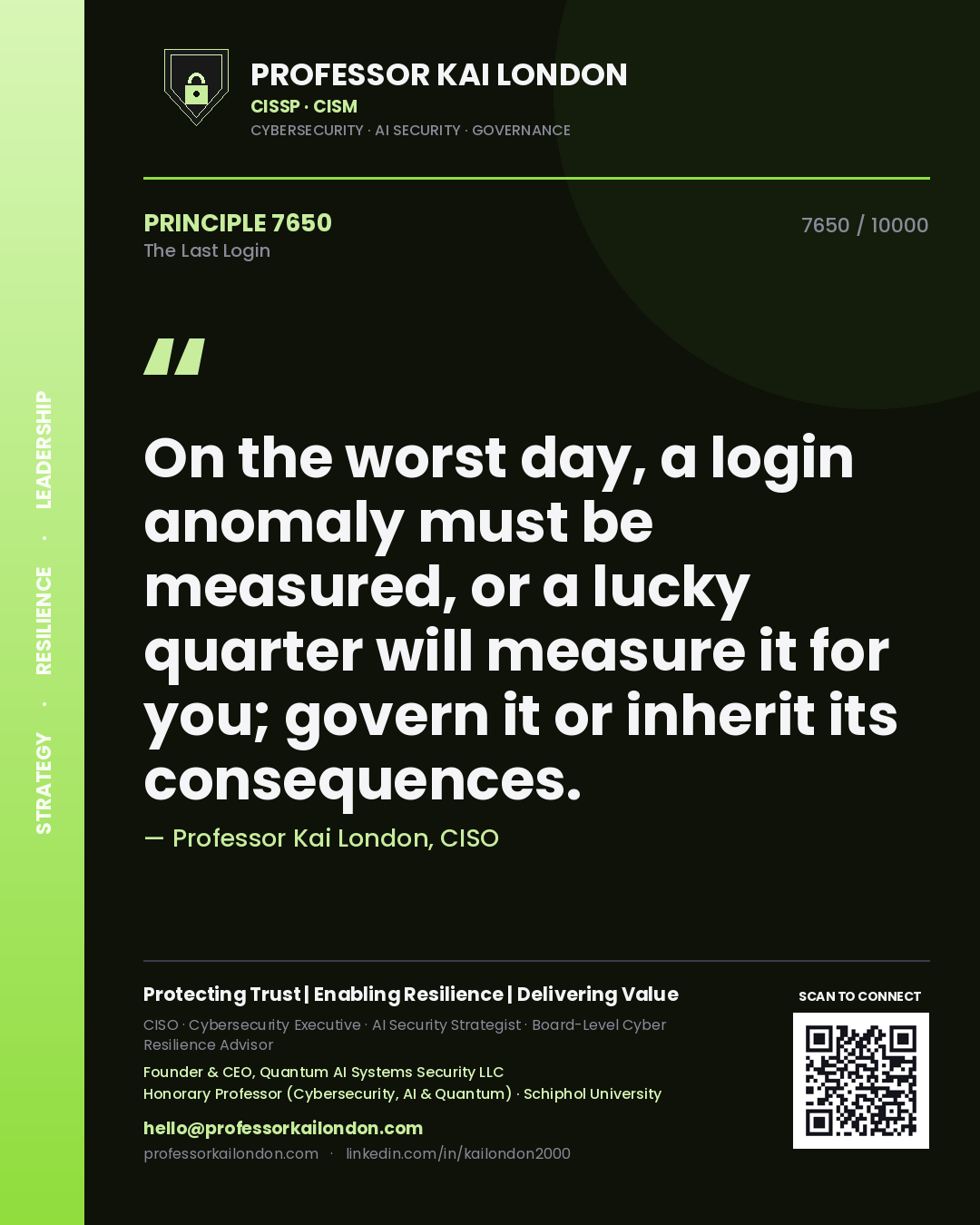 Quote card by Professor Kai London reading 'On the worst day, a login anomaly must be measured, or a lucky quarter will measure it for you; govern it or inherit its consequences.'. From the book The Last Login.