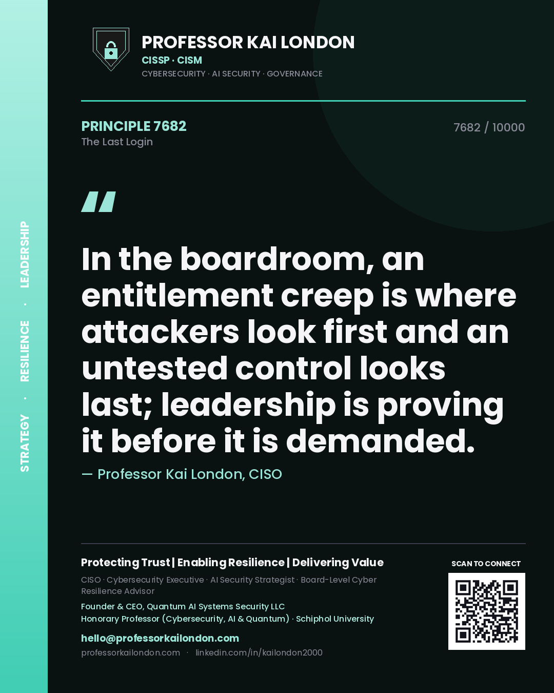 Quote card by Professor Kai London reading 'In the boardroom, an entitlement creep is where attackers look first and an untested control looks last; leadership is proving it before it is demanded.'. From the book The Last Login.