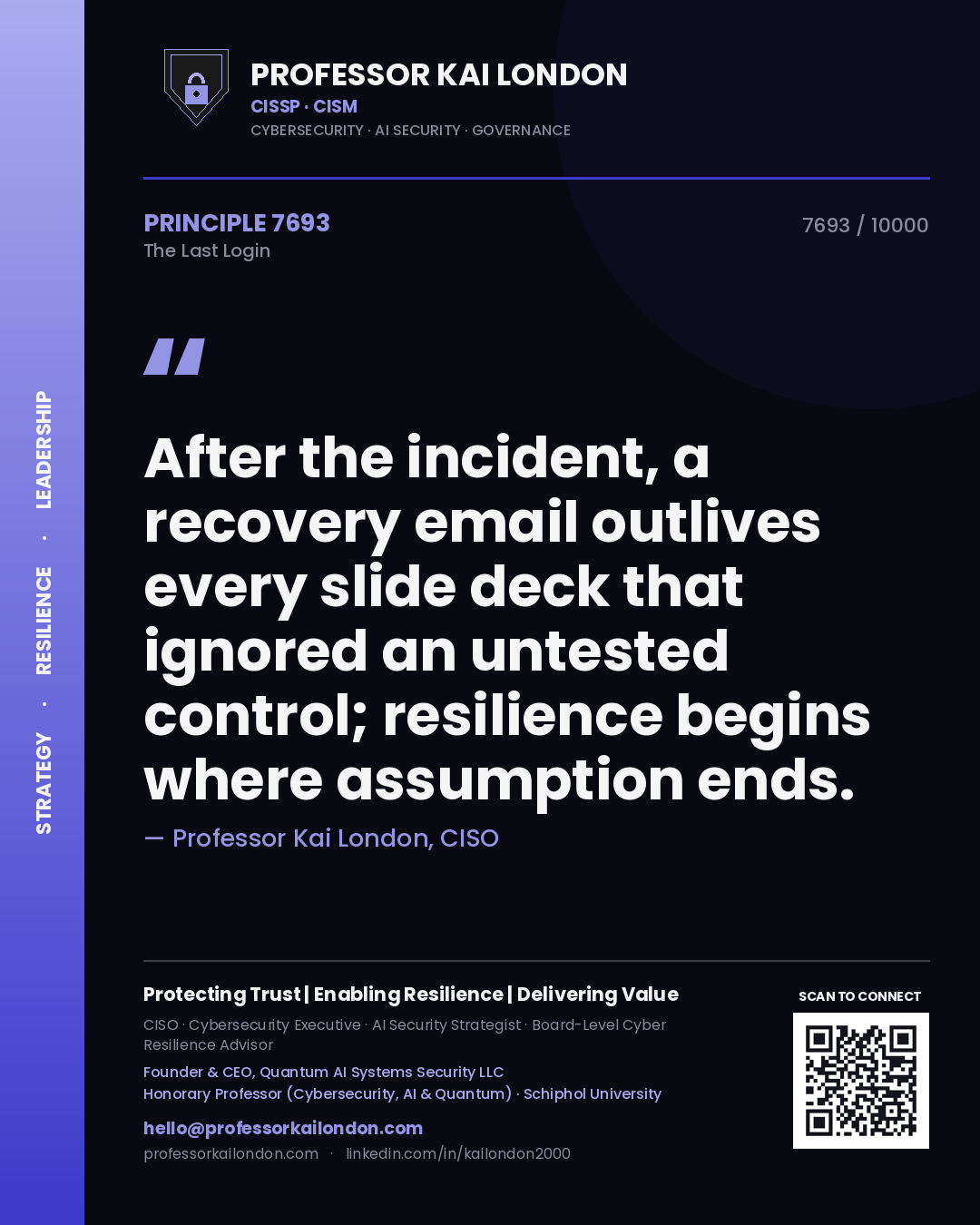 Quote card by Professor Kai London reading 'After the incident, a recovery email outlives every slide deck that ignored an untested control; resilience begins where assumption ends.'. From the book The Last Login.
