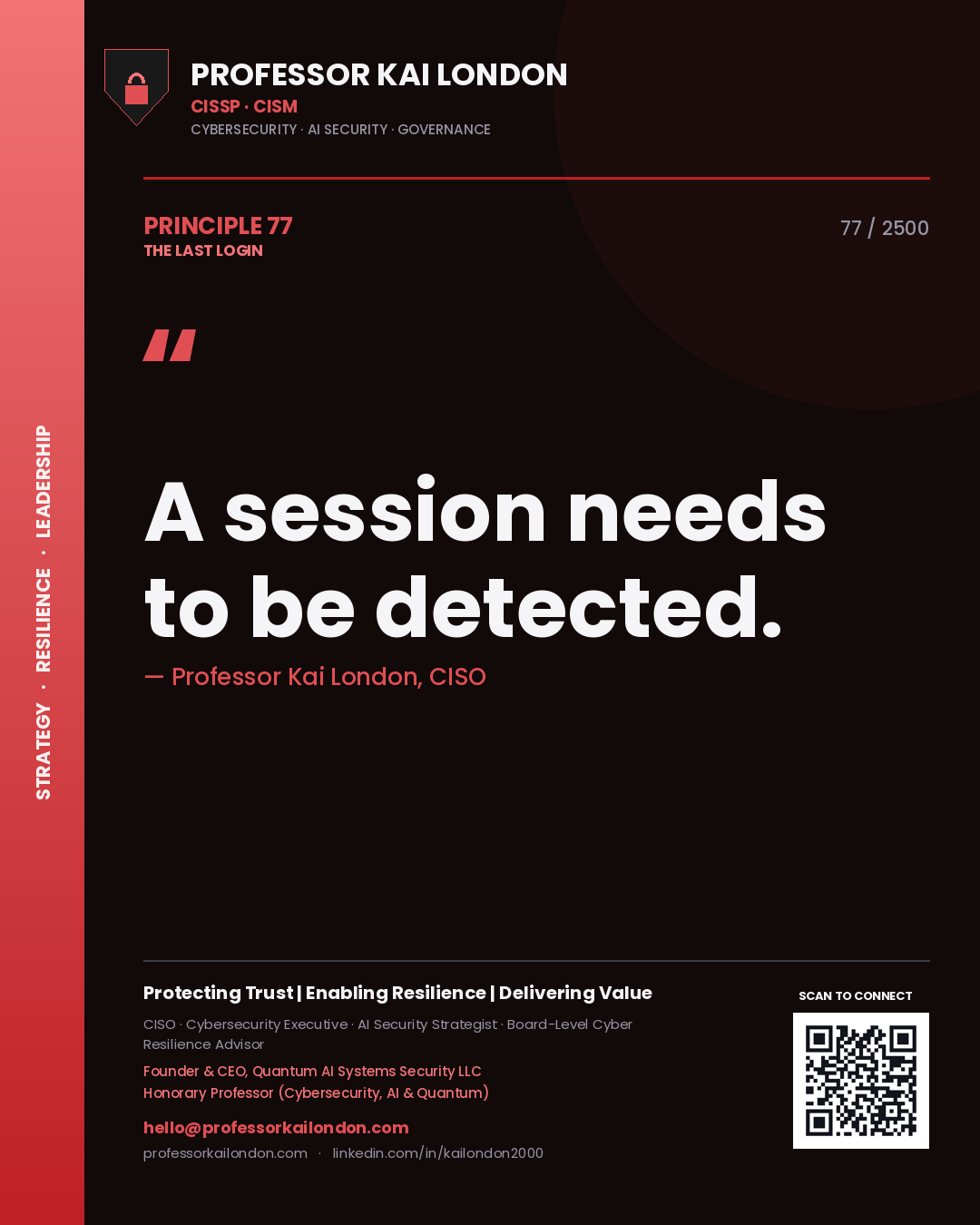 Quote card by Professor Kai London reading 'A session needs to be detected.'. From the book The Last Login.