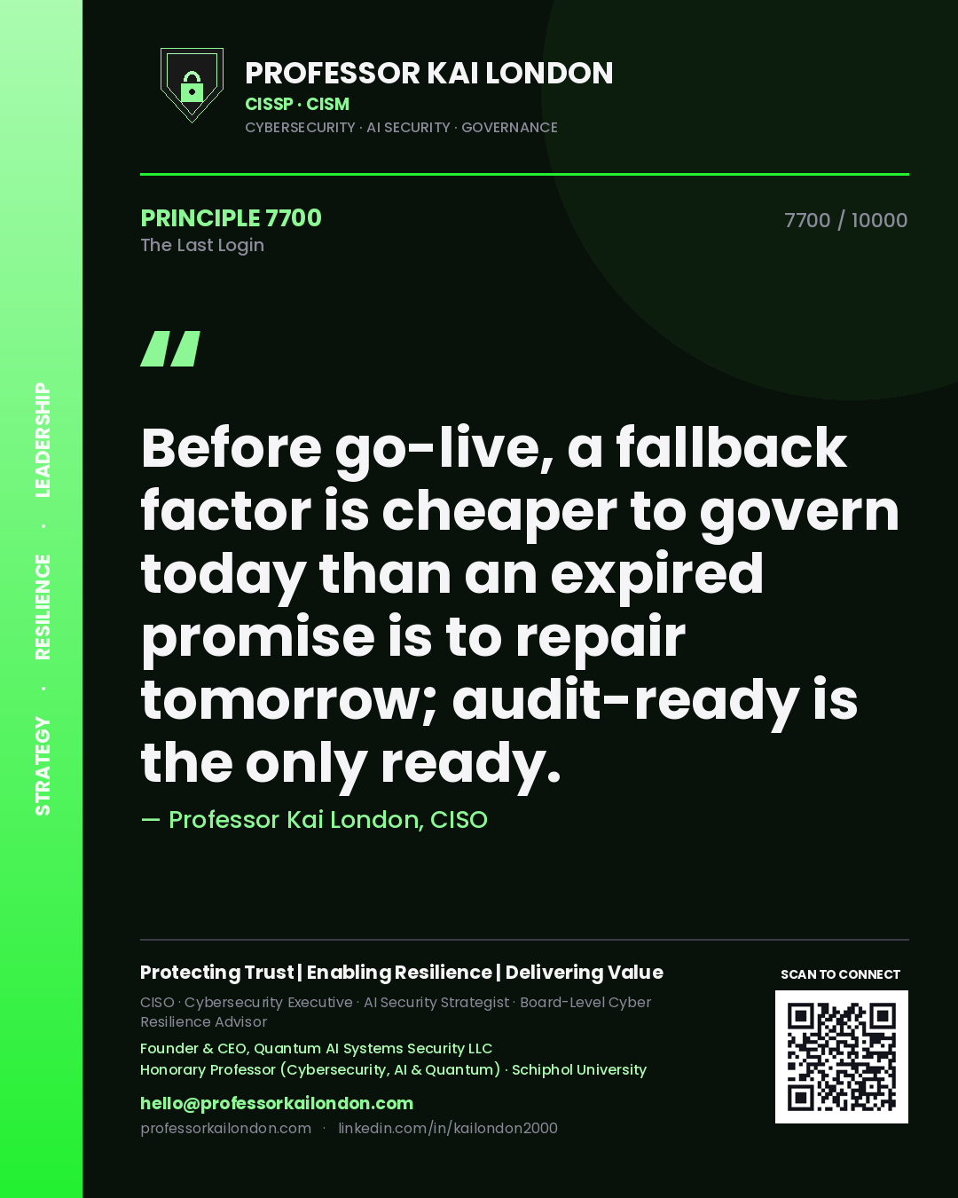 Quote card by Professor Kai London reading 'Before go-live, a fallback factor is cheaper to govern today than an expired promise is to repair tomorrow; audit-ready is the only ready.'. From the book The Last Login.