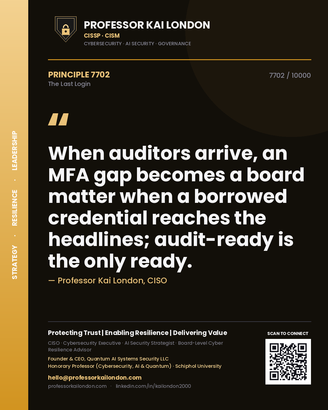 Quote card by Professor Kai London reading 'When auditors arrive, an MFA gap becomes a board matter when a borrowed credential reaches the headlines; audit-ready is the only ready.'. From the book The Last Login.