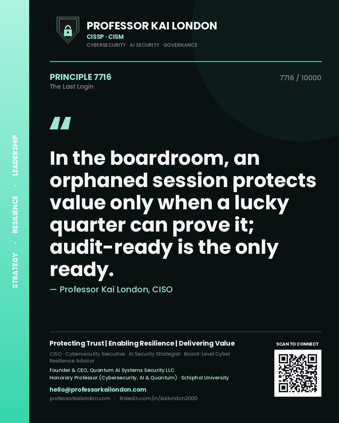 Quote card by Professor Kai London reading 'In the boardroom, an orphaned session protects value only when a lucky quarter can prove it; audit-ready is the only ready.'. From the book The Last Login.