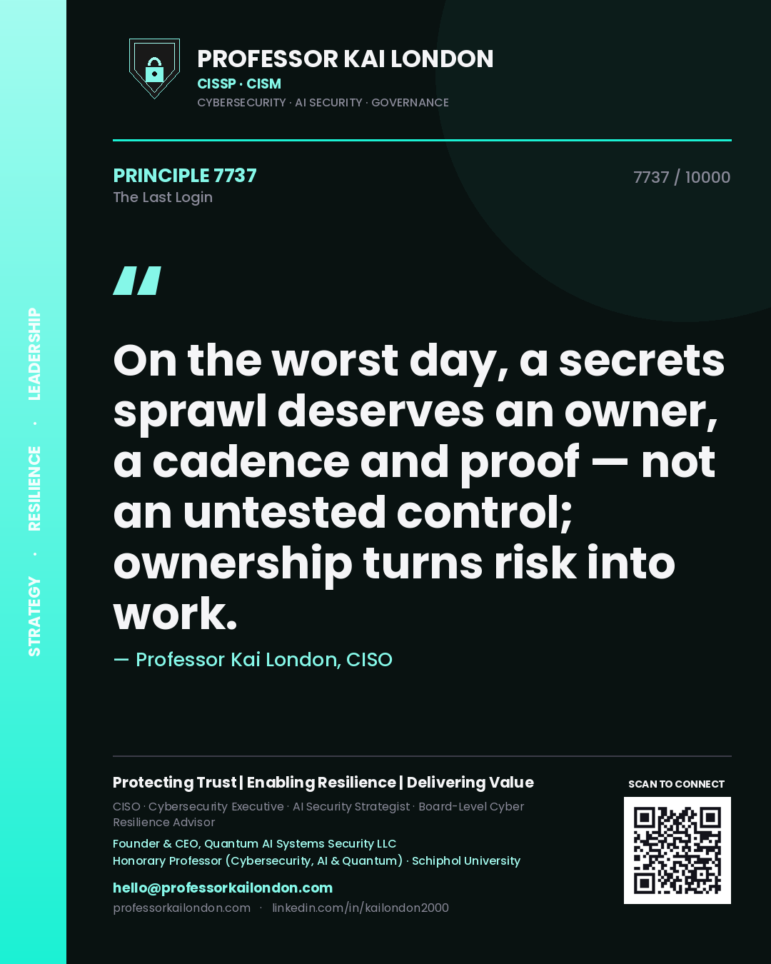 Professor Kai London principle 7737: On the worst day, a secrets sprawl deserves an owner, a cadence and proof — not an untested control; ownership turns risk into work.