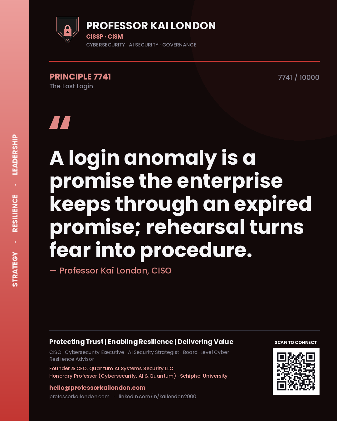 Professor Kai London principle 7741: A login anomaly is a promise the enterprise keeps through an expired promise; rehearsal turns fear into procedure.