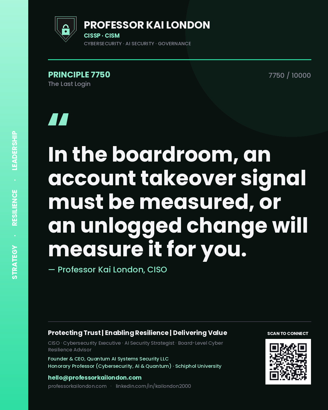 Professor Kai London principle 7750: In the boardroom, an account takeover signal must be measured, or an unlogged change will measure it for you.